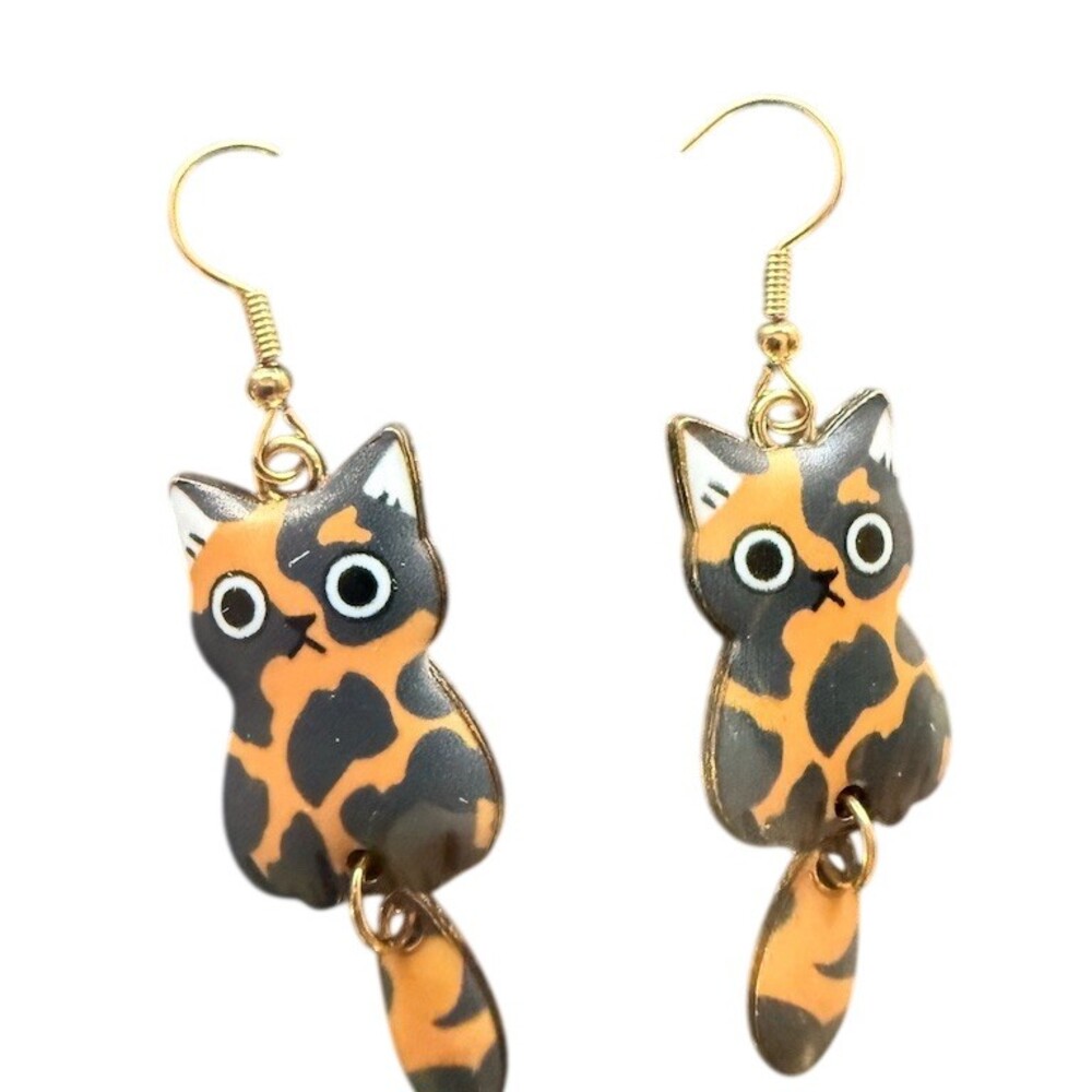 Reserve for Martin  Calico Cat Dangle Earrings  Hook Swinging Tail Charm